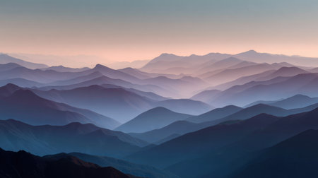 Captivating view of a mountain range at dusk, showcasing soft pastel hues that blend into layered silhouettes, perfect for evoking serenity and adventure in nature lovers.の素材