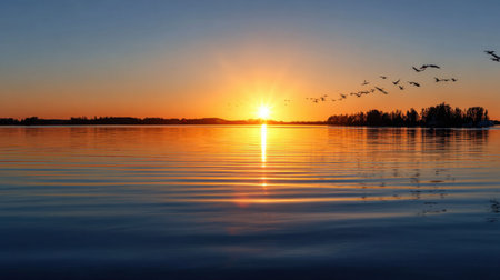 A stunning sunset casts a vibrant glow over tranquil waters as birds fly in formation, creating a peaceful atmosphere that invites reflection and appreciation for nature.の素材