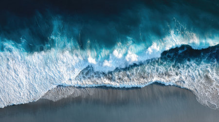 This captivating aerial photograph showcases the vibrant blue ocean waves crashing onto a sandy beach, creating a serene coastal scene filled with natural beauty.の素材