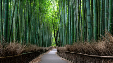 Discover a vibrant bamboo forest pathway enveloped in tranquility, where tall green stalks create a serene escape into natureの素材