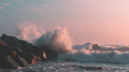 Experience the beauty of crashing waves at sunset, with vibrant colors illuminating the sky and water, creating a tranquil and picturesque coastal scene.の素材