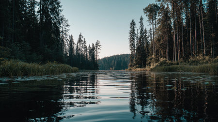 A beautiful view of a serene lake, framed by tall evergreen trees, surrounded by still waters reflecting the clear blue sky, creating a peaceful natural escape.の素材