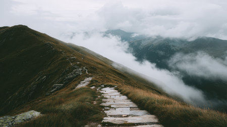 A tranquil mountain pathway cuts through a beautiful landscape shrouded in mist and clouds, ideal for nature lovers, adventurers, and photographers seeking peace.の素材