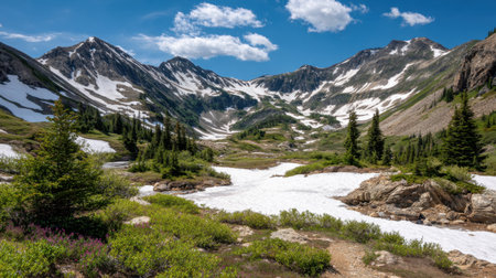 Explore a stunning summer landscape featuring majestic mountains, vibrant greenery, and a serene river. Experience the perfect outdoor getaway in nature's beauty.の素材