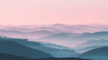 Capture the tranquility of a serene landscape at dawn, featuring rolling hills and misty mountains. The soft pink and blue hues create a calming atmosphere perfect for nature lovers.の素材