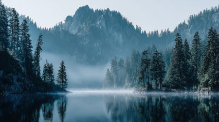 A breathtaking view of a misty lake framed by towering mountains and dense evergreen forests, capturing a serene atmosphere perfect for nature lovers and adventure seekers.の素材