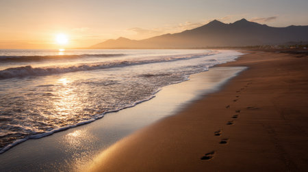 Experience a tranquil beach scene at sunset with gentle waves, footprints on the sand, and distant mountains silhouetted under a warm orange sky, evoking peace and serenity.の素材