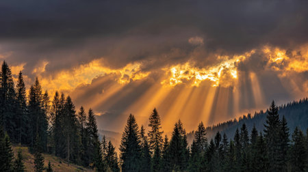 Experience the serene beauty of a sunrise illuminating a forest landscape, where dramatic clouds part to reveal sunbeams shining through lush pine trees.の素材