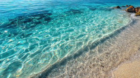 Experience the beauty of clear shallow water gently lapping against a sandy beach under bright sunlight, inviting relaxation and tranquility in a serene coastal setting.の素材