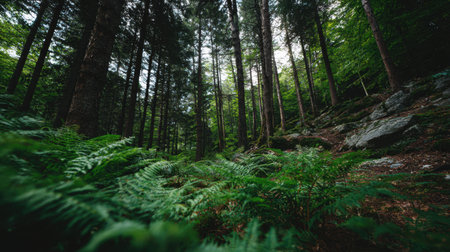 Experience the calming beauty of a lush green forest filled with tall trees and vibrant ferns, creating a serene atmosphere ideal for relaxation and exploration.の素材