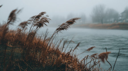 A tranquil scene showcasing a misty riverbank adorned with slender reeds swaying gently in the fog, evoking a sense of peace and connection with nature.の素材