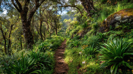 Explore a tranquil forest pathway, surrounded by vibrant plants and towering trees, illuminated by soft sunlight, inviting nature lovers to experience peaceful wilderness.の素材