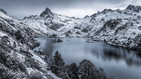 Stunning black and white image showcasing snow-covered mountains framing a tranquil lake, emphasizing the serene beauty of nature's untouched landscapes.の素材