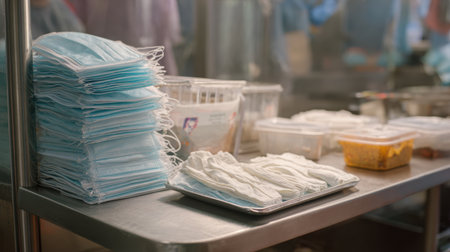 A collection of medical supplies including face masks and gloves, arranged neatly on a stainless steel table in a clean healthcare environment, ready for use.の素材
