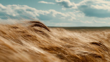 This image captures a close-up view of golden wheat in a field, swaying gently in the breeze under a clear blue sky with fluffy white clouds, showcasing natural beauty.の素材