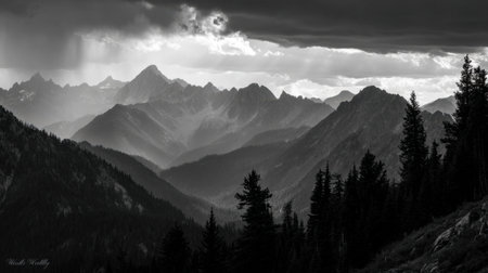 This black and white photograph captures a breathtaking mountain range with dramatic clouds above and dense forests below, evoking a sense of peace and adventure.の素材