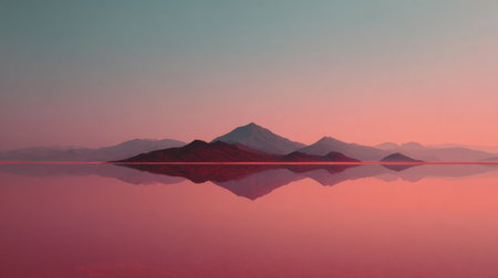 A tranquil landscape featuring a serene reflection of distant mountains in calm water during sunset. The image showcases soft pastel hues, evoking peace and beauty.の素材