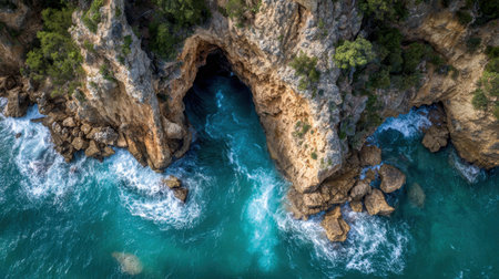 Captivating aerial view showcasing magnificent rocky caves and vibrant turquoise waters against a backdrop of lush greenery, ideal for nature lovers and travelers.の素材