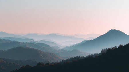 Embrace the serene beauty of a misty mountain landscape at dawn, showcasing gentle hills and soft fog that create a peaceful atmosphere ideal for nature lovers.の素材