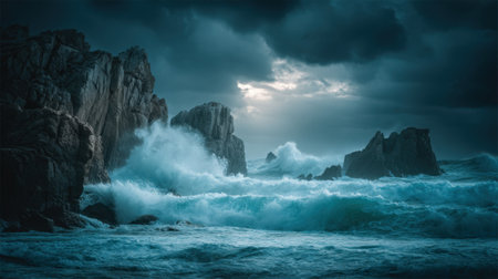 A breathtaking seascape showcases powerful waves crashing against jagged rocks under a dramatic sky, highlighting nature's beauty and strength in turbulent conditions.の素材