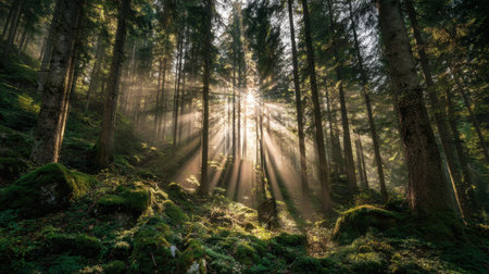 A mesmerizing forest scene where sunlight streams through towering trees, casting beautiful rays onto the lush green moss-covered ground. Perfect for nature lovers.の素材