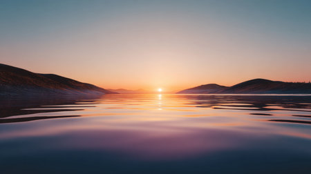 Experience a breathtaking sunset reflecting on still water, with gentle ripples surrounded by soft hills. This serene image captures the tranquil beauty of nature at dusk.の素材