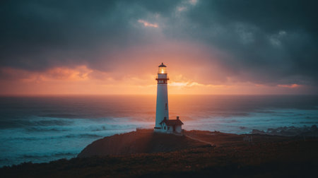 A stunning lighthouse stands on a rocky shore, illuminated by the golden hues of a sunset. Waves crash against the rocks, creating a tranquil coastal scene full of beauty.の素材