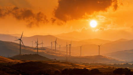 A stunning sunset illuminates a wind farm set against rolling hills and majestic mountains, showcasing the beauty of renewable energy and nature's splendor at dusk.の素材
