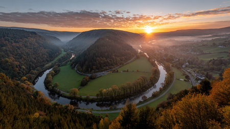 Breathtaking view of a winding river nestled in a lush valley during sunrise, showcasing vibrant autumn hues, mist, and tranquil nature, perfect for inspiring wanderlust.の素材