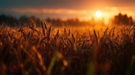 A serene golden wheat field illuminated by morning sunlight captures the beauty of nature. The warm sun rays shine through the crops, creating tranquility.の素材