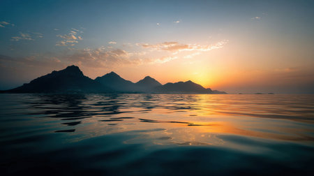 A tranquil sunset casts a warm glow over the calm water, highlighting majestic mountains in the background, creating a serene and picturesque landscape.の素材