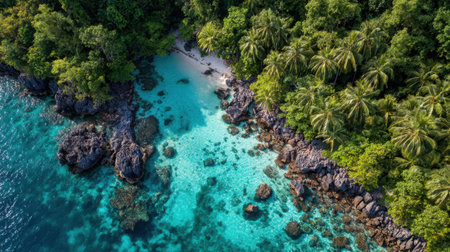 This stunning aerial photograph captures a tropical beach with clear turquoise waters, surrounded by lush palm trees and dramatic rocky formations, showcasing paradise.の素材
