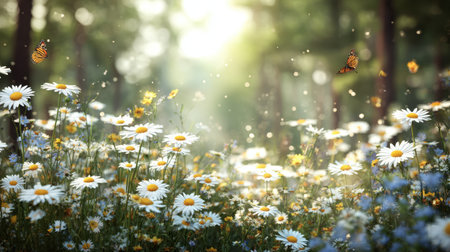 A beautiful meadow filled with wildflowers and fluttering butterflies, illuminated by soft sunlight filtering through trees, creating a serene and tranquil atmosphere.の素材