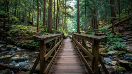 Experience the tranquility of a serene forest pathway featuring a wooden bridge over a gentle stream, surrounded by vibrant greenery and towering trees.の素材
