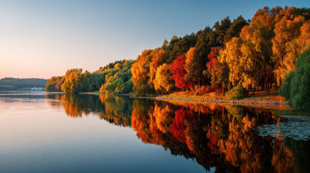 A serene autumn landscape features a calm river reflecting bright colorful foliage at sunset, creating a peaceful atmosphere in a beautiful forest setting.の素材