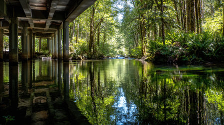 A serene river scene captured beneath a bridge, showcasing vibrant greenery and beautiful reflections in the calm water, perfect for nature lovers and peaceful retreats.の素材