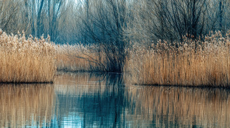 This stunning image captures a serene water reflection of tall reeds and leafless trees in a peaceful marshland, evoking a sense of tranquility and natural beauty.の素材