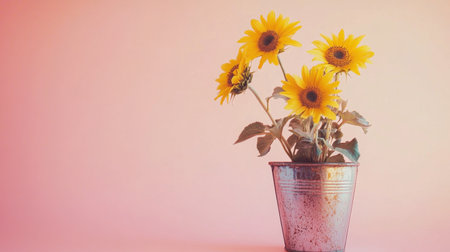 A beautiful arrangement of bright sunflowers in a rustic metal pot on a soft pink background, perfect for enhancing home decor or capturing a joyful spring vibe.の素材