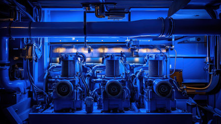 A captivating image showcasing industrial machinery with three blue motors elegantly illuminated. This high-tech environment highlights engineering and mechanical precision.の素材