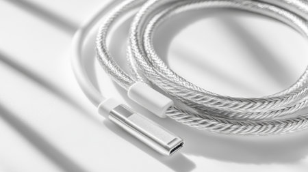 A high-quality USB-C cable featuring a stylish silver braided design against a clean white backdrop, perfect for enhancing modern electronic devices and accessories.の素材
