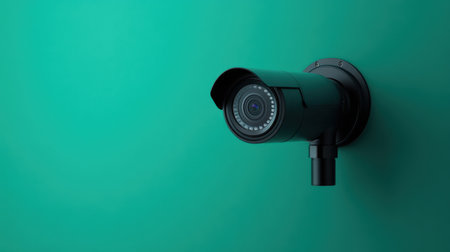A sleek modern surveillance camera installed on a vibrant green wall, designed to enhance security in home or business environments while providing peace of mind.の素材