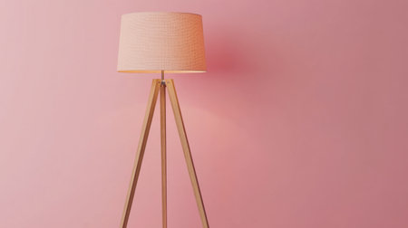 This image features a stylish wooden tripod floor lamp with a textured pink shade, perfectly complementing a vibrant pink wall for a modern interior design look.の素材