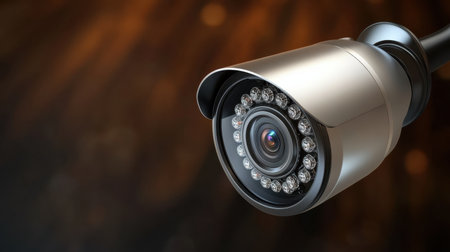 A close-up view of a high-definition security camera equipped with infrared LED lights, designed for effective surveillance in low-light conditions and crime prevention.の素材