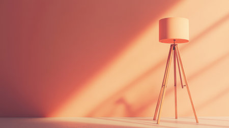A stylish tripod lamp with a pink shade stands against a pastel wall, creating a serene atmosphere with soft shadows that enhance contemporary interior spaces.の素材