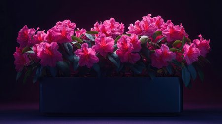 A stunning arrangement of vibrant pink azalea flowers in a modern black planter. This composition showcases the beauty of nature, perfect for home decor and tranquility.の素材