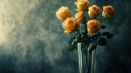 A stunning display of vibrant yellow roses in a sleek glass vase, set against a soft-focus background that enhances the beauty of nature and floral design.の素材