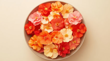 A beautifully arranged shallow bowl filled with vibrant blossoms of orange, pink, and white flowers, perfect for adding a touch of nature and freshness to any space.の素材