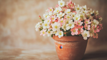 A charming arrangement of pink and white flowers in a terracotta pot, set against a soft background, ideal for themes of beauty, nature, and home decor.の素材
