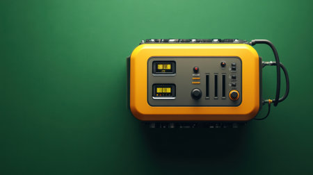 This image showcases a portable power station featuring a digital display and multiple charging ports. Ideal for camping, outdoor activities, or as a backup power source.の素材