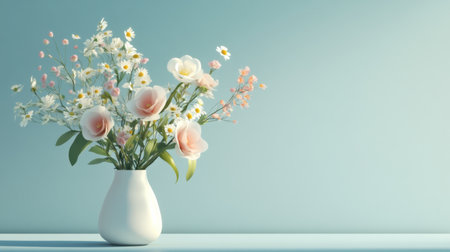 A serene floral arrangement featuring soft pink and white flowers in a minimalist white vase. The gentle aesthetic complements any decor with its tranquil beauty.の素材